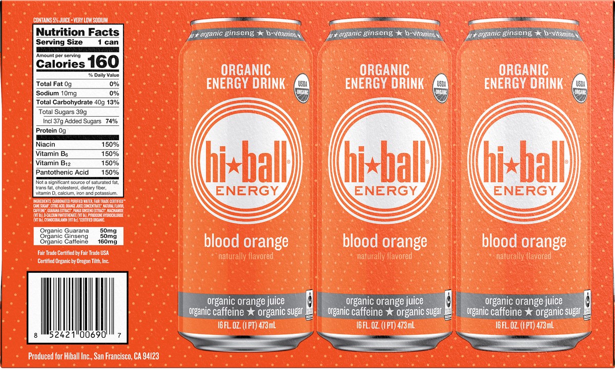 slide 7 of 10, Hiball Hi-Ball Energy Blood Orange Organic Energy Drink 8-16 fl. oz. Can, 16 fl oz