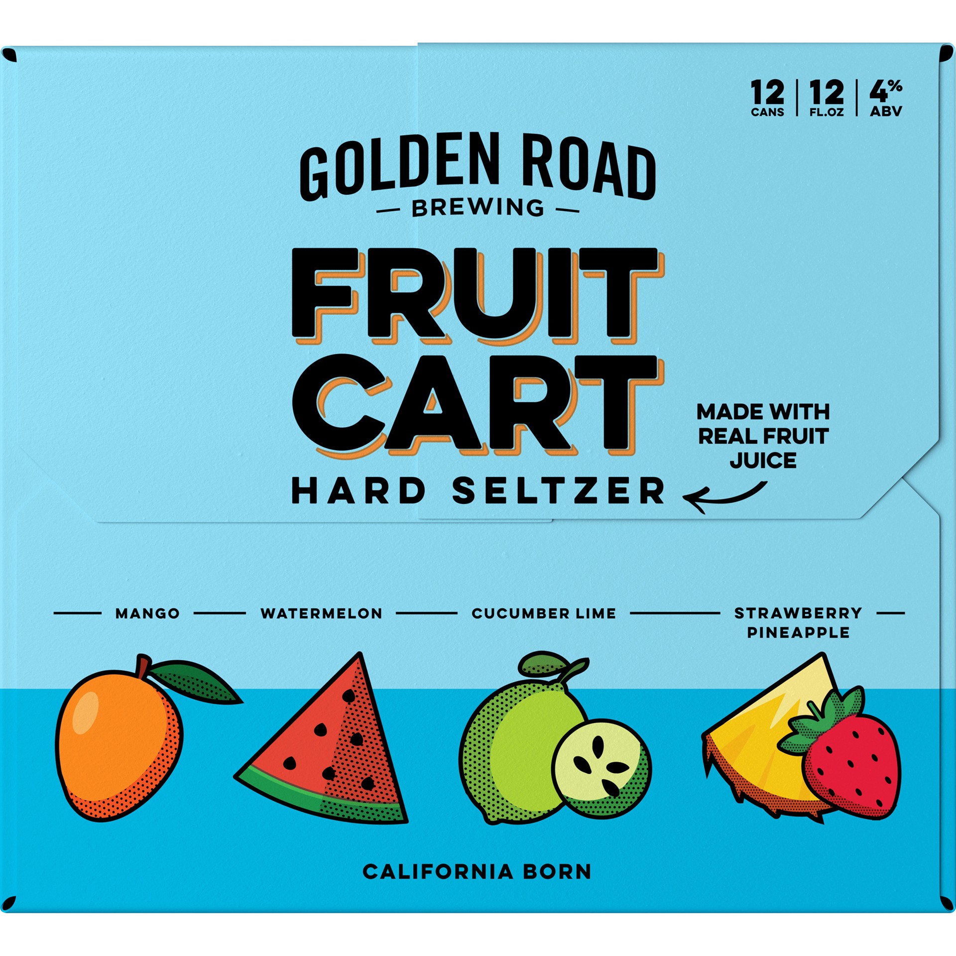 slide 1 of 9, Golden Road Fruit Cart Hard Seltzer Variety Pack includes three different flavors: Cucumber Lime, Mango, Strawberry Pineapple and Watermelon. Made from fresh fruit blended with water, creating full bodied and refreshing adult beverages. 12 pack., 12 ct; 12 fl oz