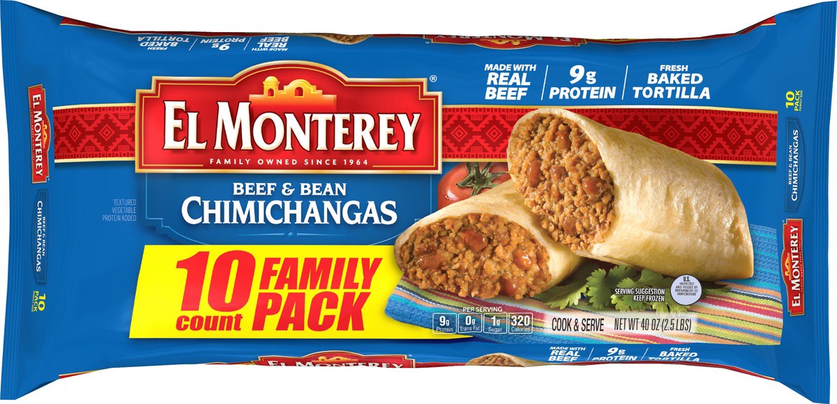 slide 2 of 7, El Monterey Chimichangas Beef Bean & Bean Family Pack, 10 ct; 40 oz