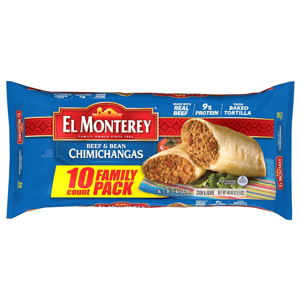 slide 1 of 7, El Monterey Chimichangas Beef Bean & Bean Family Pack, 10 ct; 40 oz