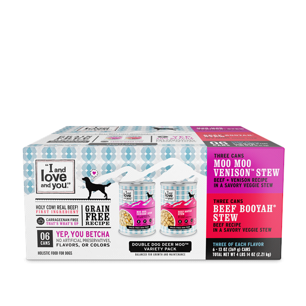 slide 1 of 29, I and Love and You Multipack Beef Booyah Stew & Moo Moo Venison Stew Wet Dog Food - 78oz/6pk, 6 ct; 13 oz