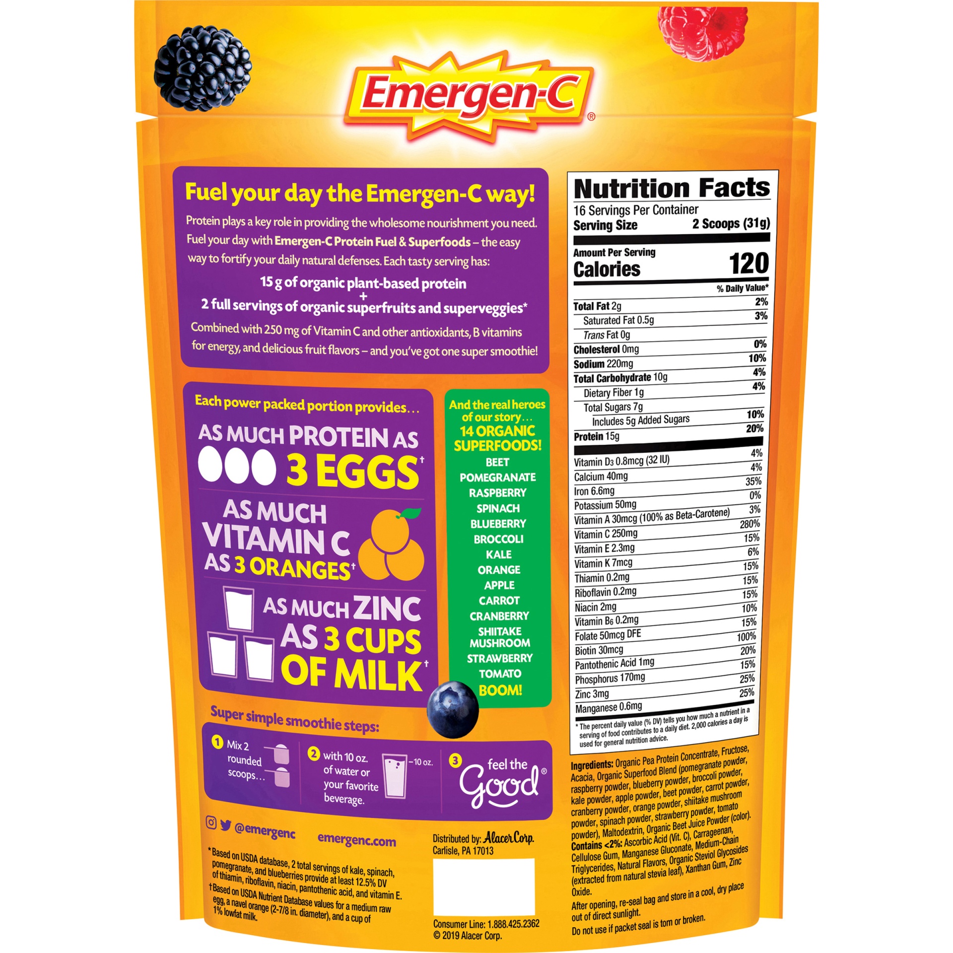 slide 5 of 6, Emergen-C Protein Fuel & Superfoods Mixed Berry Smoothie Mix Pouch), 1.13 lb