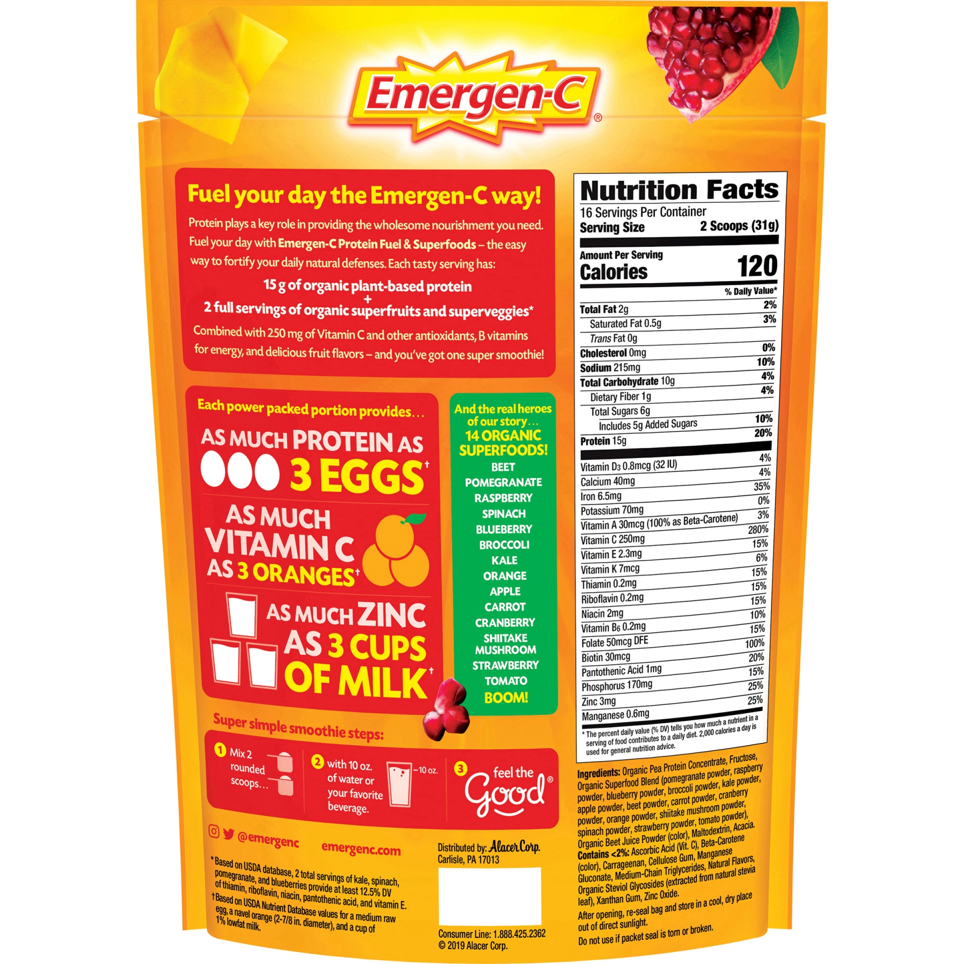 slide 2 of 6, Emergen-C Protein Fuel & Superfoods Pomegranate-Mango Smoothie Mix Pouch), 1.13 lb