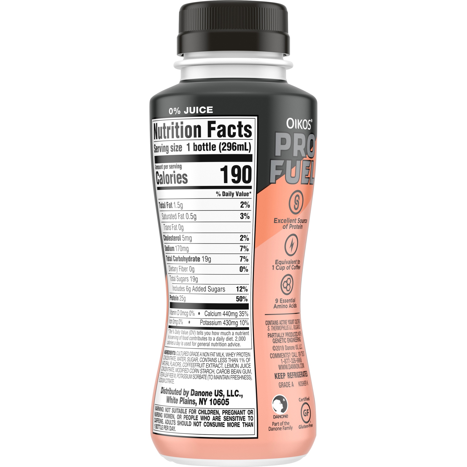 slide 5 of 5, Oikos Pro Fuel Peach Caffeinated & Cultured Dairy Drink, 10 fl oz