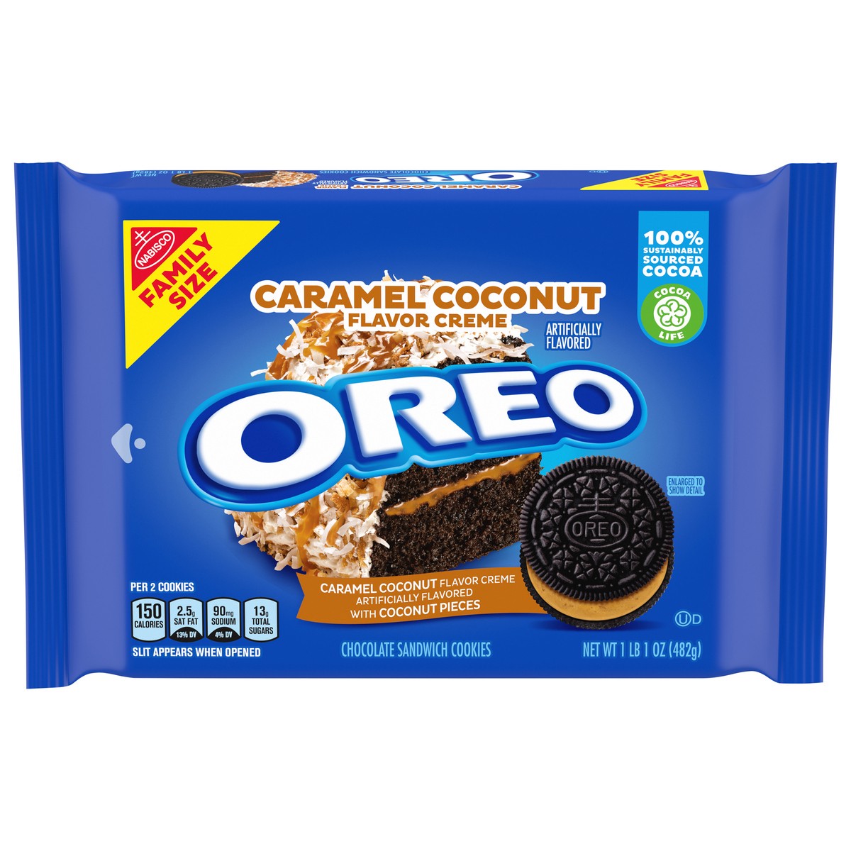 slide 8 of 14, OREO Caramel Coconut Creme Chocolate Sandwich Cookies, Family Size, 17 oz, 17 oz