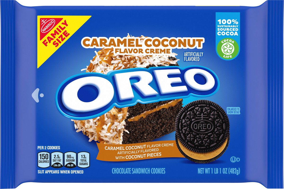 slide 14 of 14, OREO Caramel Coconut Creme Chocolate Sandwich Cookies, Family Size, 17 oz, 17 oz