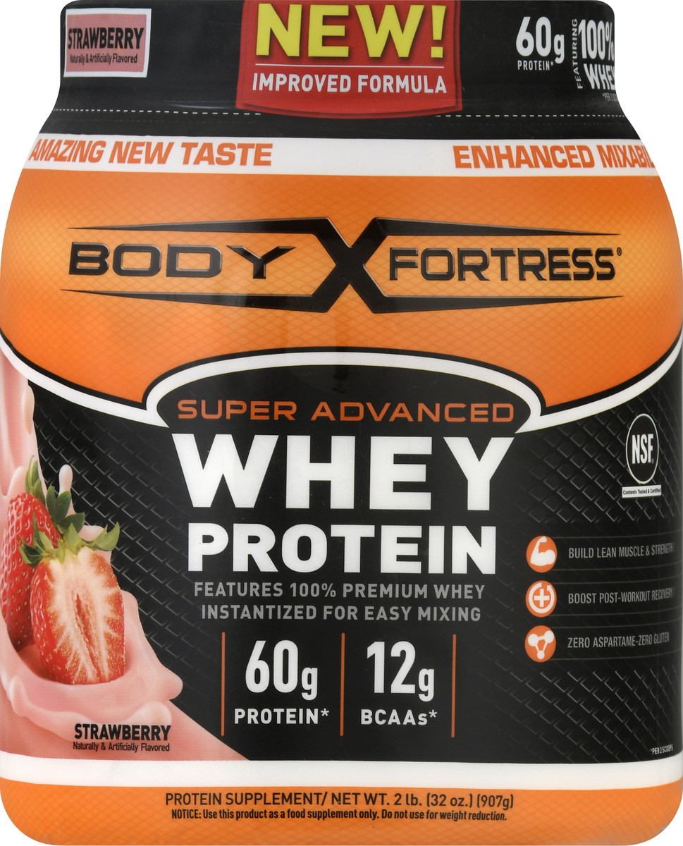 slide 8 of 9, Body Fortress Super Advanced Strawberry Whey Protein 32 oz, 32 oz