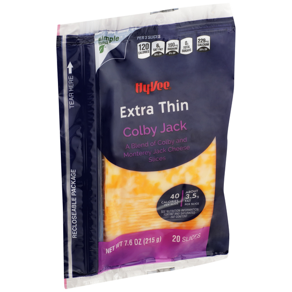 slide 1 of 1, Hy-vee Colby Jack A Blend Of Colby And Monterey Jack Extra Thin Cheese Slices, 20 ct; 7.6 oz