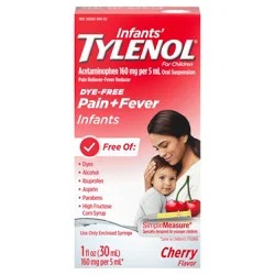 Infants'' Tylenol Oral Suspension Liquid Medicine with Acetaminophen, Baby Fever Reducer & Pain Reliever for Minor Aches & Pains, Sore Throat, Headache & Teething Pain, Dye-Free Cherry, 1 fl. oz