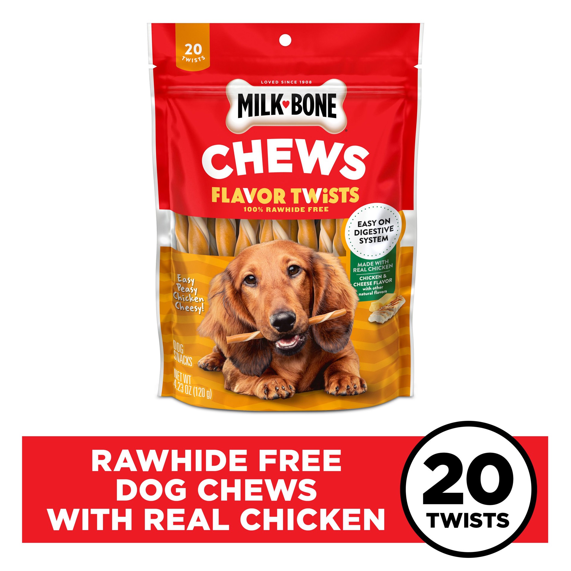 slide 9 of 9, Milk-Bone Easy Peasy Chicken Cheesy Flavor Twists, Rawhide Free Dog Chews, Bag of 20, 20 ct