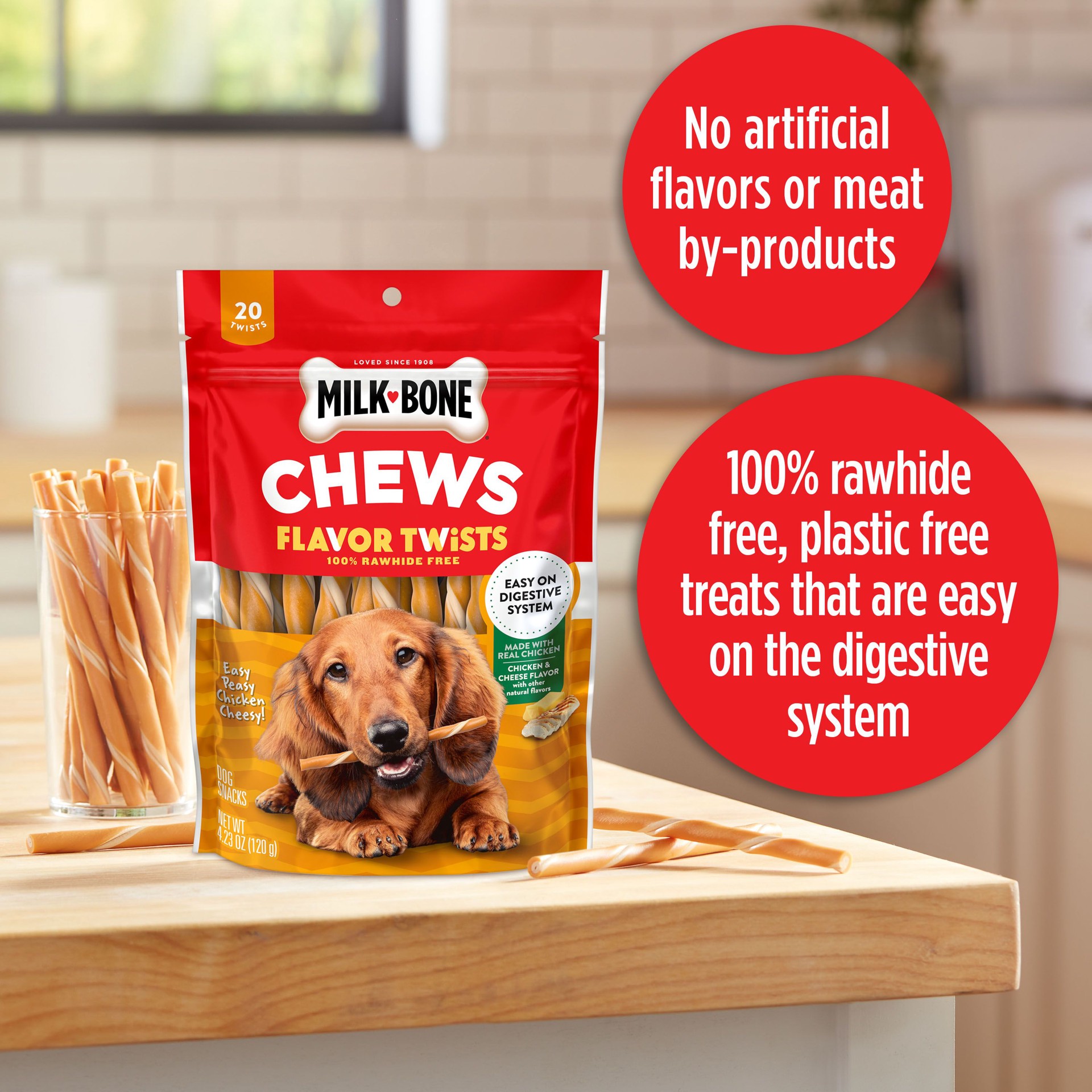 slide 3 of 9, Milk-Bone Easy Peasy Chicken Cheesy Flavor Twists, Rawhide Free Dog Chews, Bag of 20, 20 ct