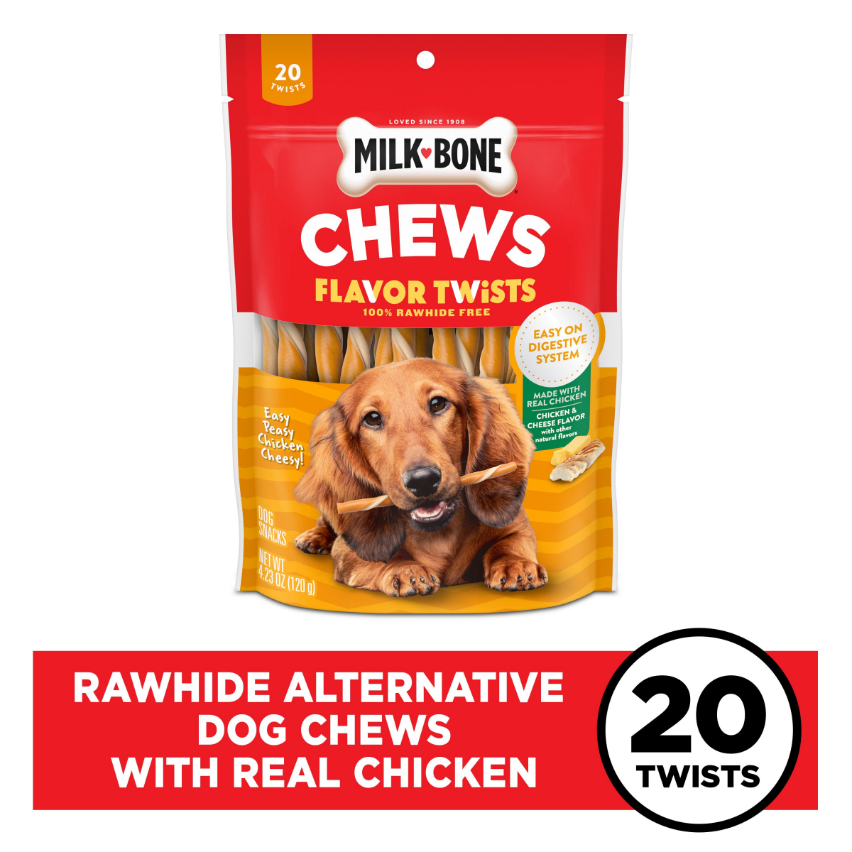 slide 1 of 9, Milk-Bone Easy Peasy Chicken Cheesy Flavor Twists, Rawhide Free Dog Chews, Bag of 20, 20 ct
