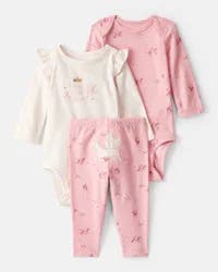Carter's Baby Girl 3-Piece Unicorn Star Print Cotton Long-Sleeve Bodysuit & Pant Set - Pink/White 24M