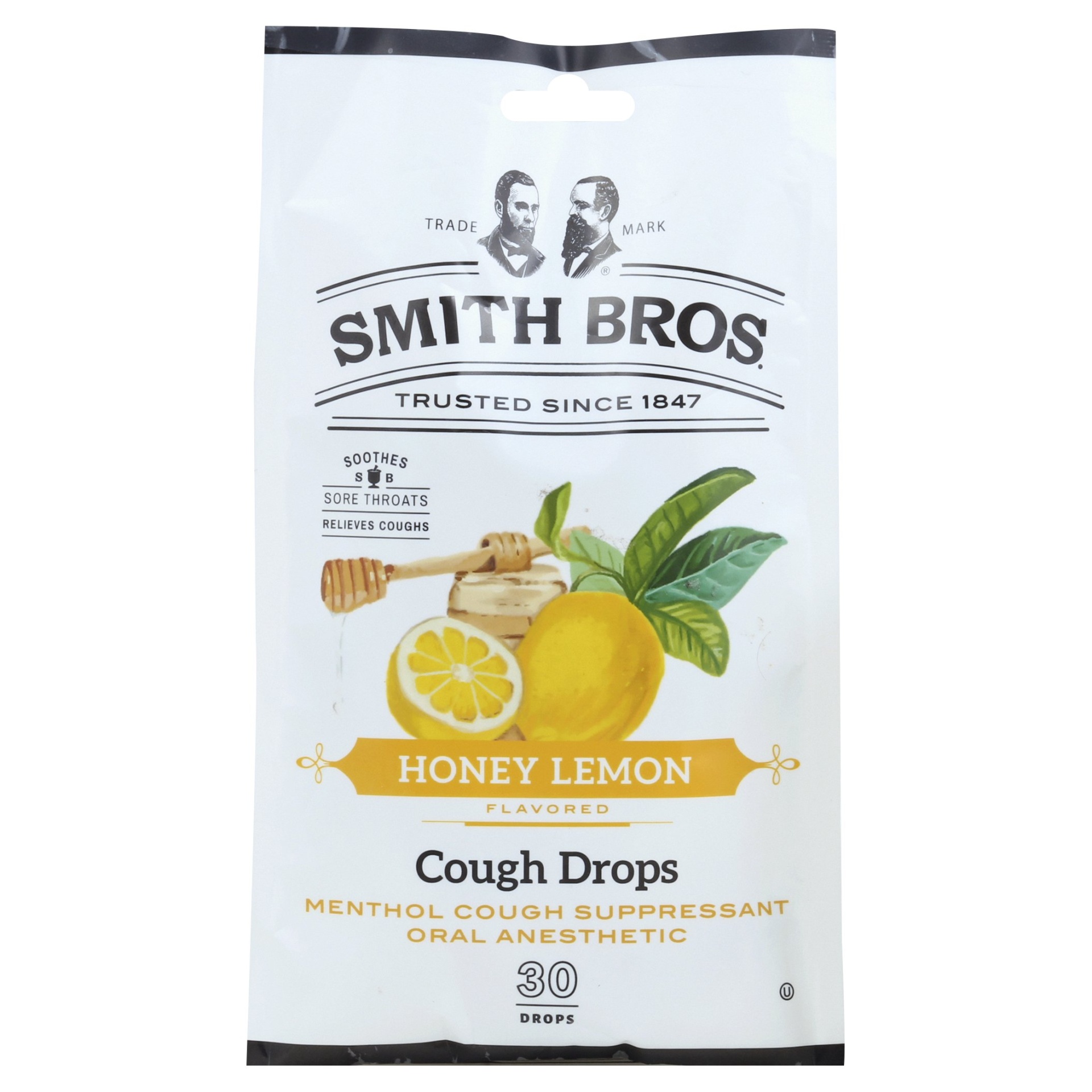 slide 1 of 1, Smith Brothers Cough Drops, Honey Lemon Flavored, 30 ct