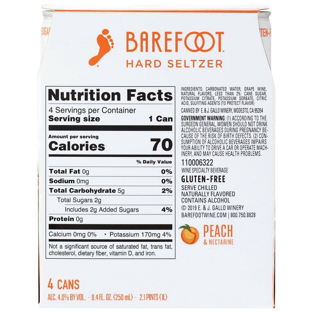 slide 2 of 2, Barefoot Wine Hard Seltzer Peach & Nectarine - 4pk/250ml Cans, 4 ct; 250 ml