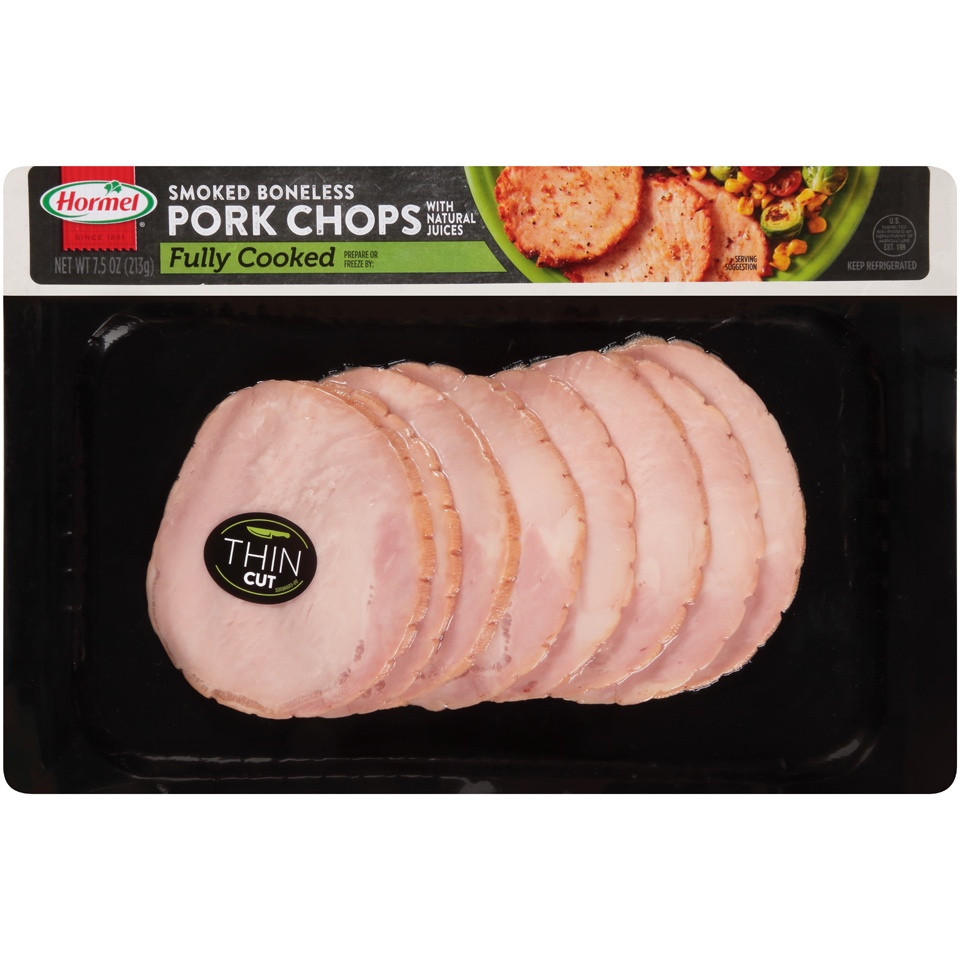 slide 1 of 1, Hormel Thin Cut Fully Cooked Smoked Boneless Pork Chops, 7.5 oz