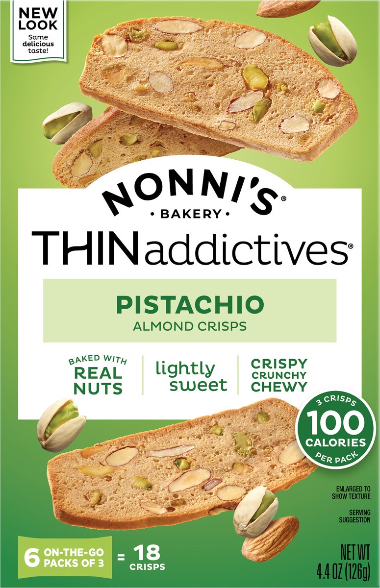 slide 2 of 8, Nonni's THINaddictives Pistachio Almond Cookie Crisps, 6-count carton 4.4 oz., 6 ct