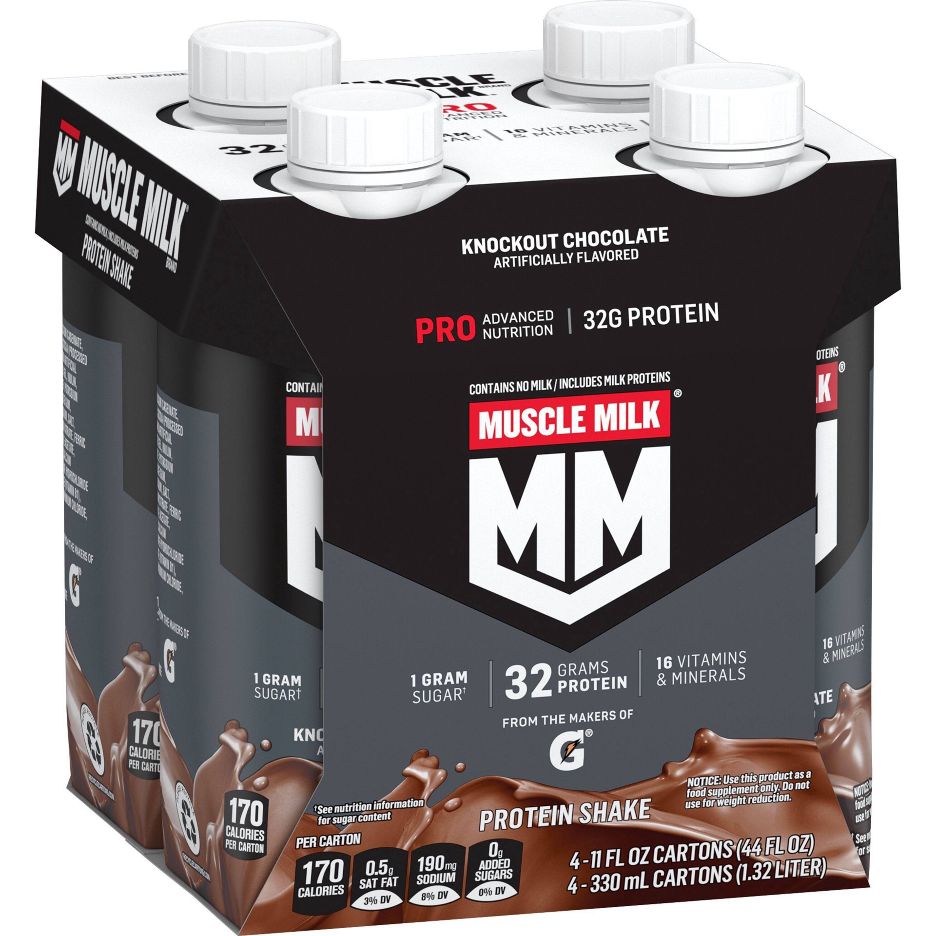 slide 3 of 9, Muscle Milk  Pro Series Non-Dairy Protein Shake Knockout Chocolate 11 Fl Oz 4 Count, 44 oz