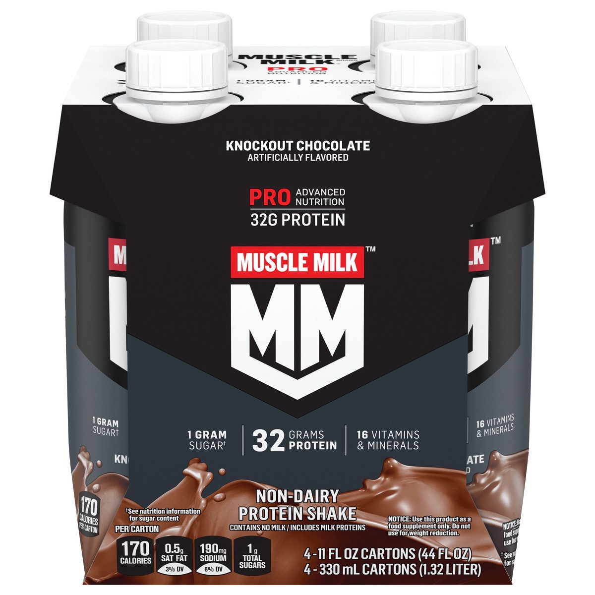 slide 1 of 9, Muscle Milk  Pro Series Non-Dairy Protein Shake Knockout Chocolate 11 Fl Oz 4 Count, 44 oz
