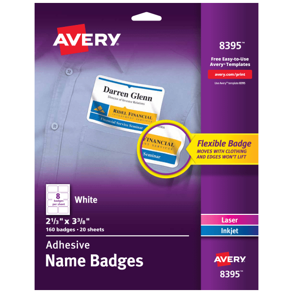 slide 1 of 10, Avery Flexible Self-Adhesive Laser/Inkjet Name Tag Badge Labels, 2 1/3 x 3 3/8, WE, 160 ct
