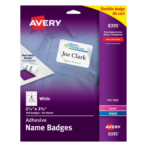 slide 1 of 7, Avery Flexible Self-Adhesive Laser/Inkjet Name Tag Badge Labels, 2 1/3 x 3 3/8, WE, 160 ct