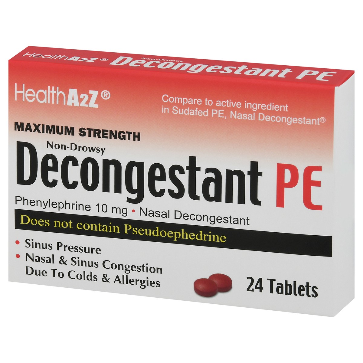 slide 5 of 9, HealthA2Z Tablets 10 mg Maximum Strength Non-Drowsy Decongestant PE 24 Tablets 24 ea, 24 ct