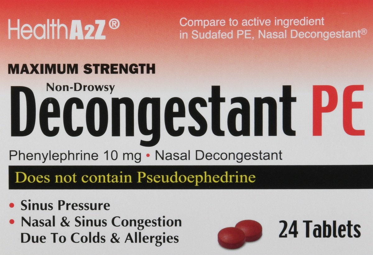 slide 7 of 9, HealthA2Z Tablets 10 mg Maximum Strength Non-Drowsy Decongestant PE 24 Tablets 24 ea, 24 ct