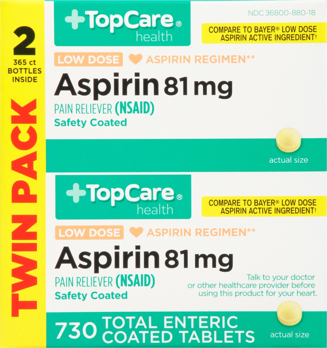 slide 1 of 9, TopCare Health Low Dose Asprin 81Mg Tablets Twin Pack, 365 ct