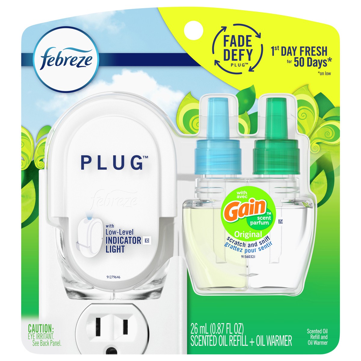 slide 1 of 4, Febreze Plug In Air Freshener, Odor-Fighting Scented Oil Starter Kit, Gain Scent, Warmer + 1 Refill, 0.88 fl oz
