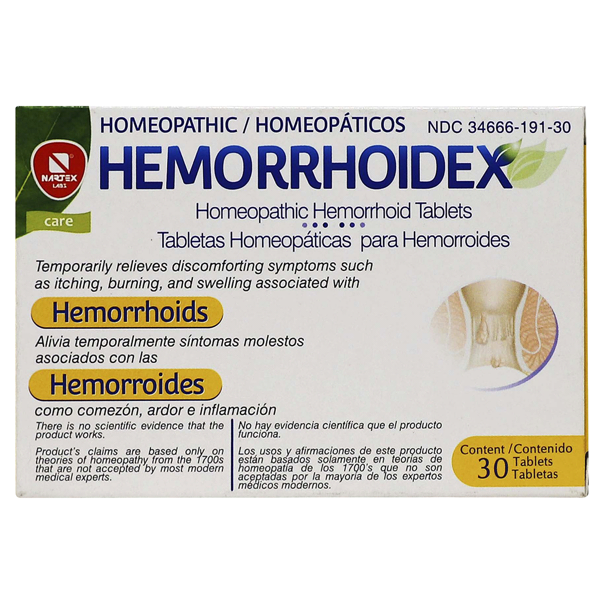 slide 1 of 5, Nartex Hemorrhoidex Homeopathic Hemorrhoid Tablets, 30 ct