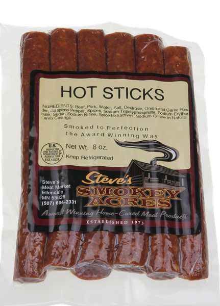slide 1 of 1, Steve's Smokey Acres Hot Beef Sticks, 8 oz