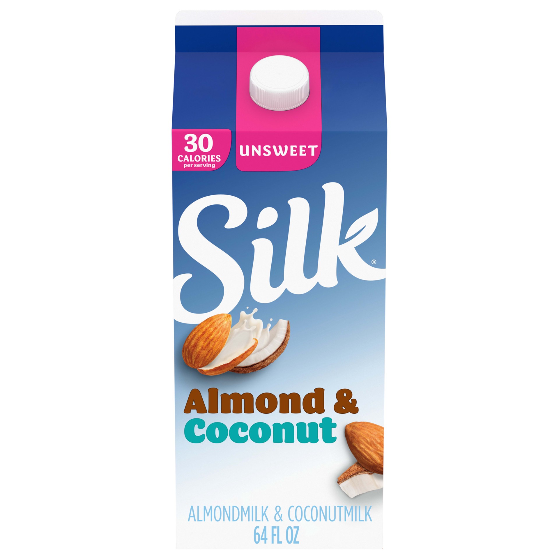 slide 1 of 8, Silk Almond Coconut Milk, Unsweet, Dairy Free, Gluten Free, Seriously Creamy Vegan Milk with 50% More Calcium than Dairy Milk, 64 FL OZ Half Gallon, 64 fl oz