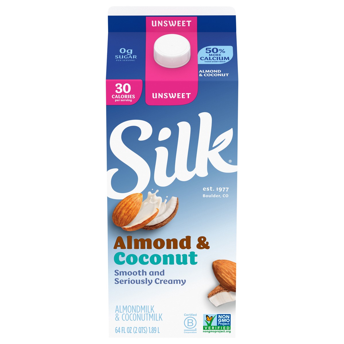 slide 1 of 6, Silk Almond Coconut Milk, Unsweet, Dairy Free, Gluten Free, 64 FL OZ Half Gallon, 64 fl oz