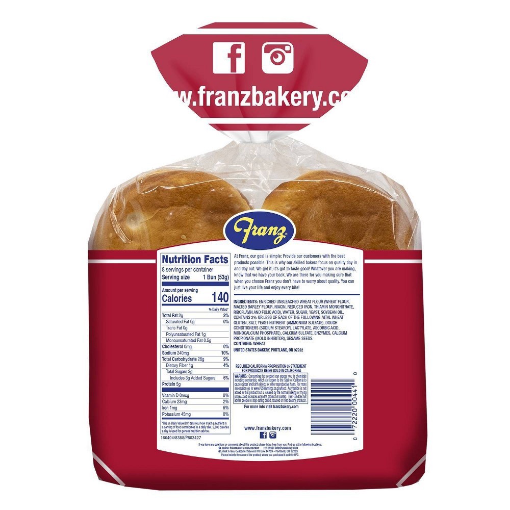 slide 2 of 6, Franz Cluster Sesame Hamburger Buns Hamburger Buns 15oz, 15 oz