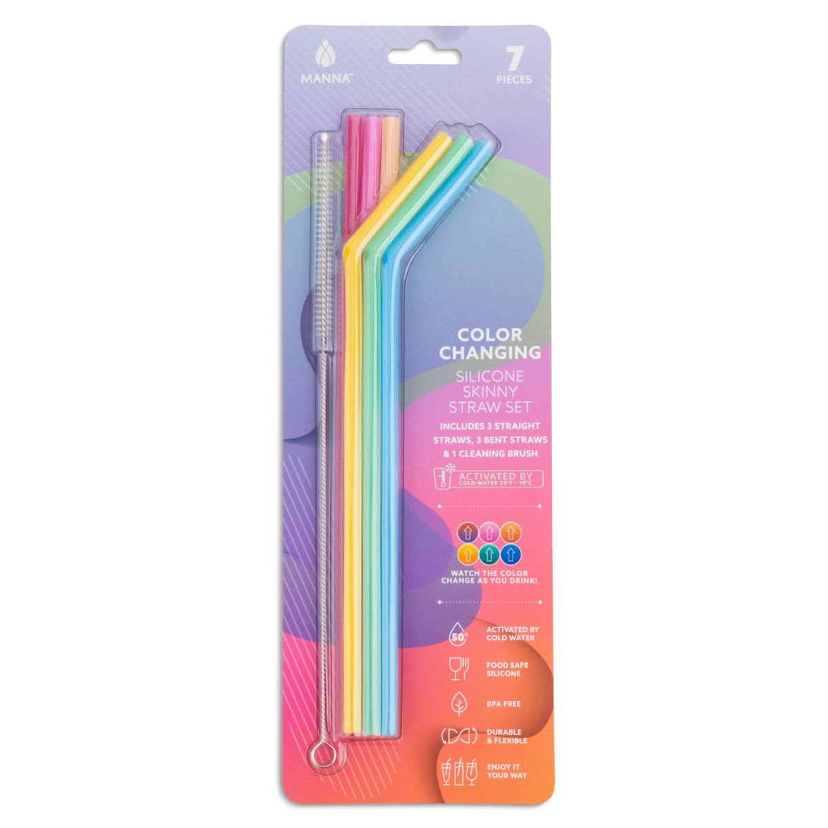 Manna Color-Changing Silicone Skinny Straws & Cleaning Brush 7pc Set