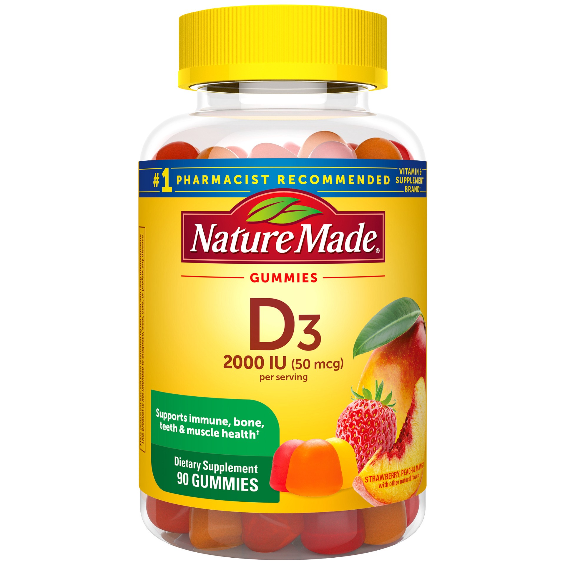 slide 1 of 2, Nature Made Vitamin D3 2000 IU (50 mcg) per serving, Dietary Supplement for Bone, Teeth, Muscle and Immune Health Support, 90 Gummies, 45 Day Supply, 90 ct