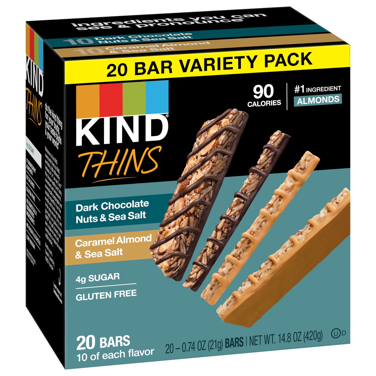 slide 7 of 8, KIND Thins Dark Chocolate, Caramel, Almond & Sea Salt Nut Bars Variety Pack, 20 ct