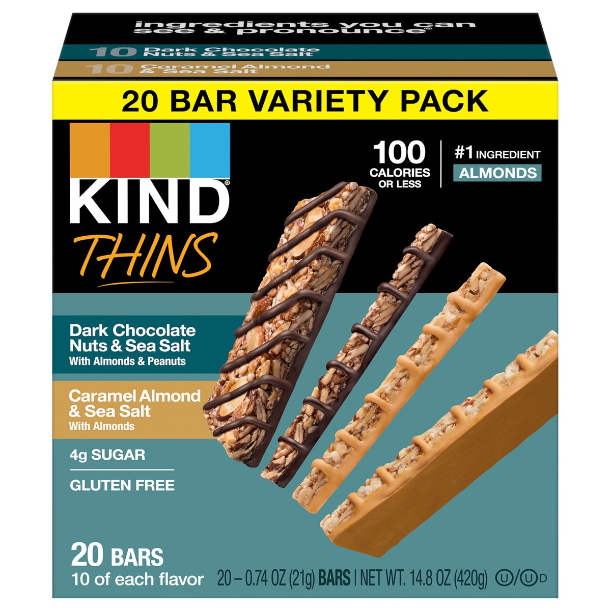 slide 1 of 8, KIND Thins Dark Chocolate, Caramel, Almond & Sea Salt Nut Bars Variety Pack, 20 ct