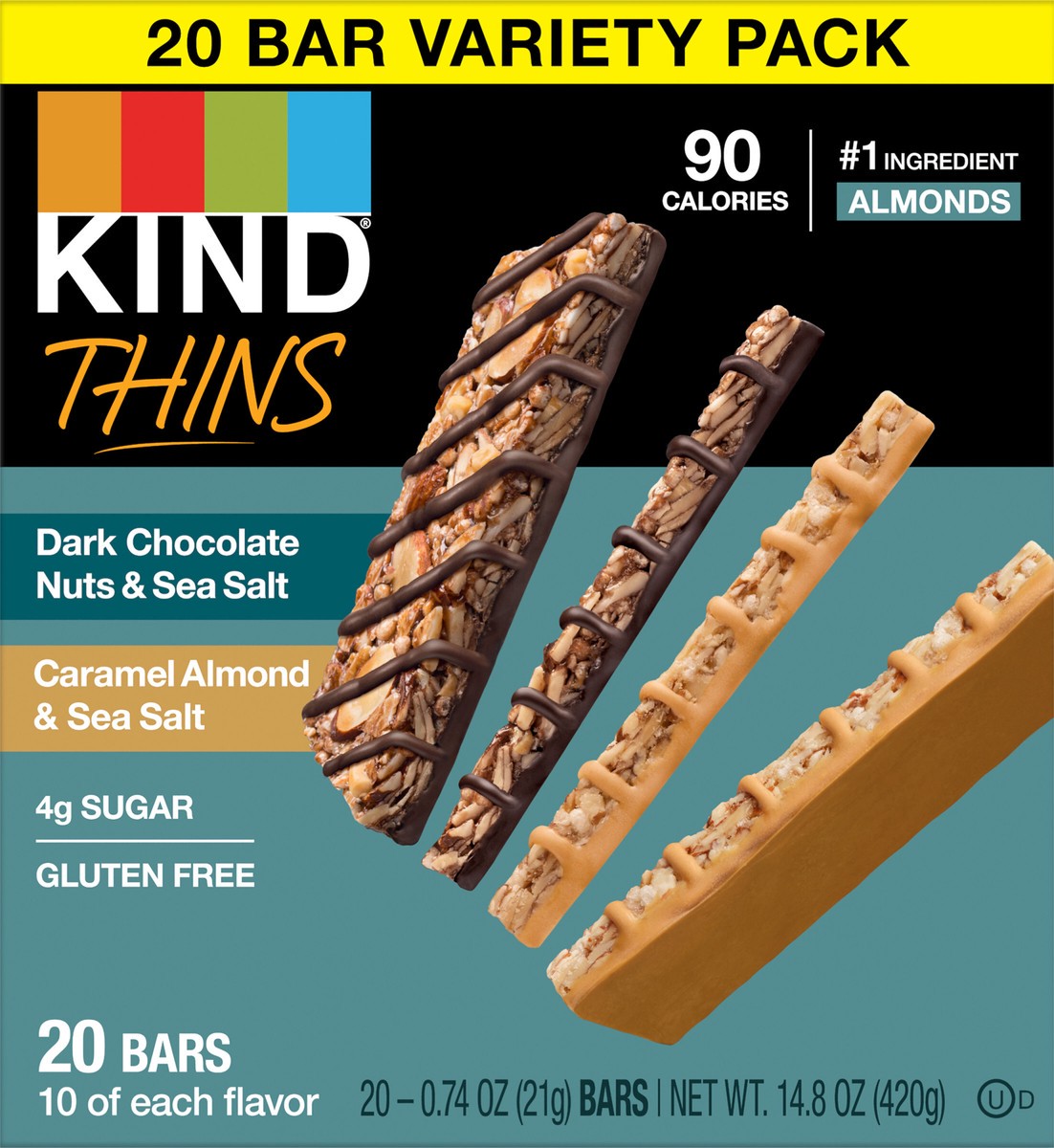 slide 3 of 8, KIND Thins Dark Chocolate, Caramel, Almond & Sea Salt Nut Bars Variety Pack, 20 ct