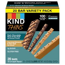 KIND Thins Variety Pack, Dark Chocolate Nuts & Sea Salt Bars and Caramel Almond & Sea Salt Bars, 0.74 oz, 20 Count