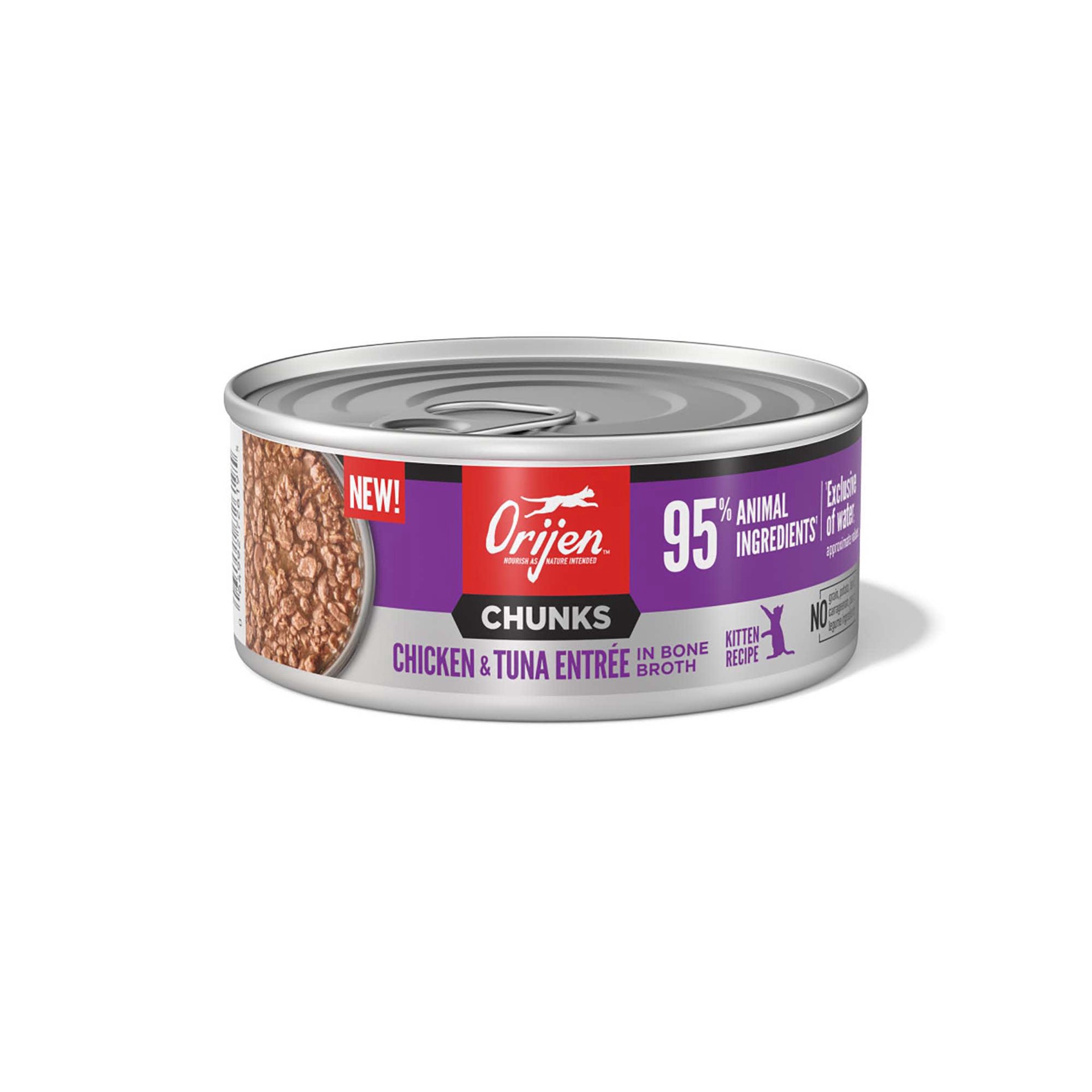 slide 1 of 1, ORIJEN Chunks Chicken & Tuna Entrée for Kittens, 5.5oz, case of 6 cans, 5.5 oz