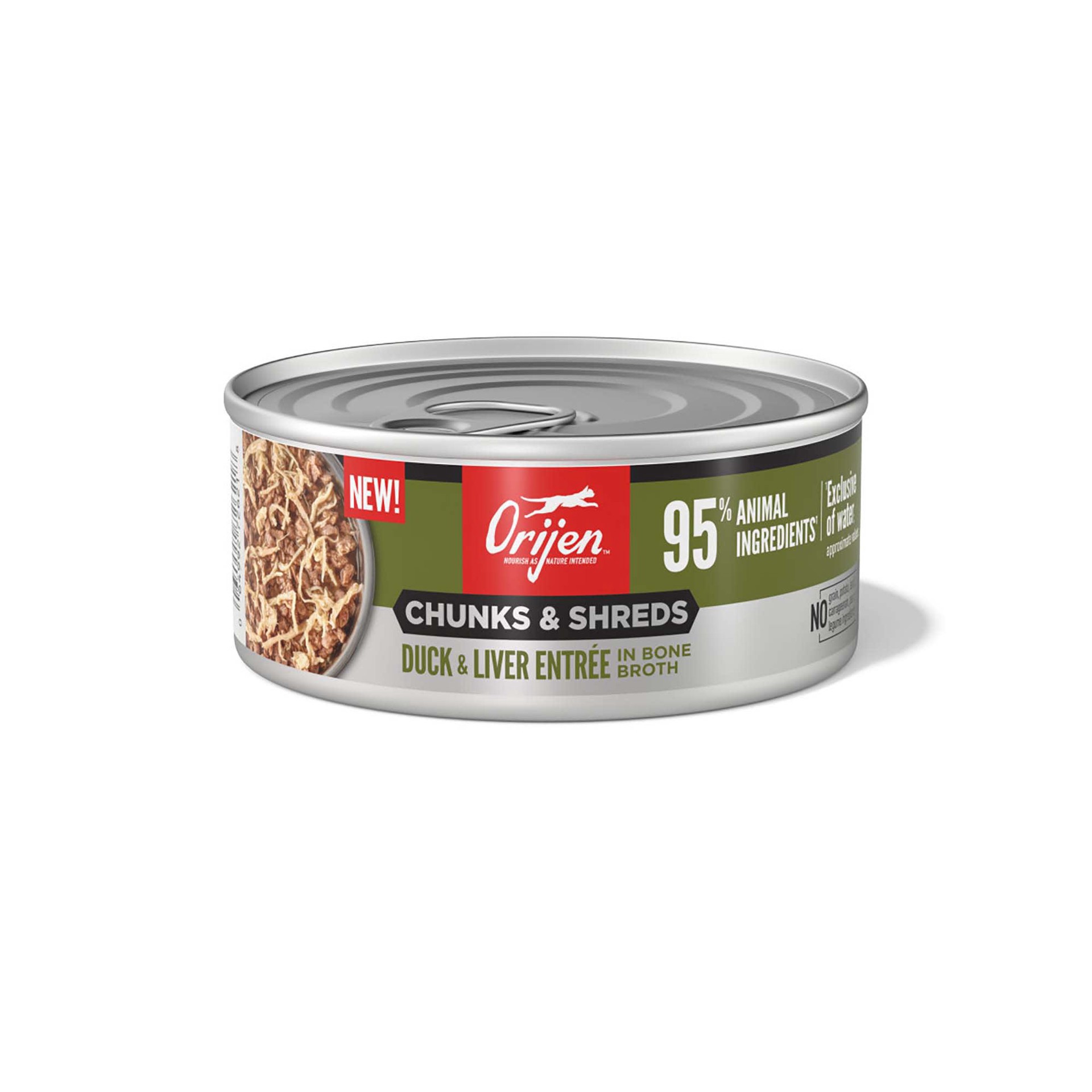 slide 1 of 1, ORIJEN Chunks & Shreds Duck & Liver Entrée, 5.5oz, case of 6 cans, 5.5 oz