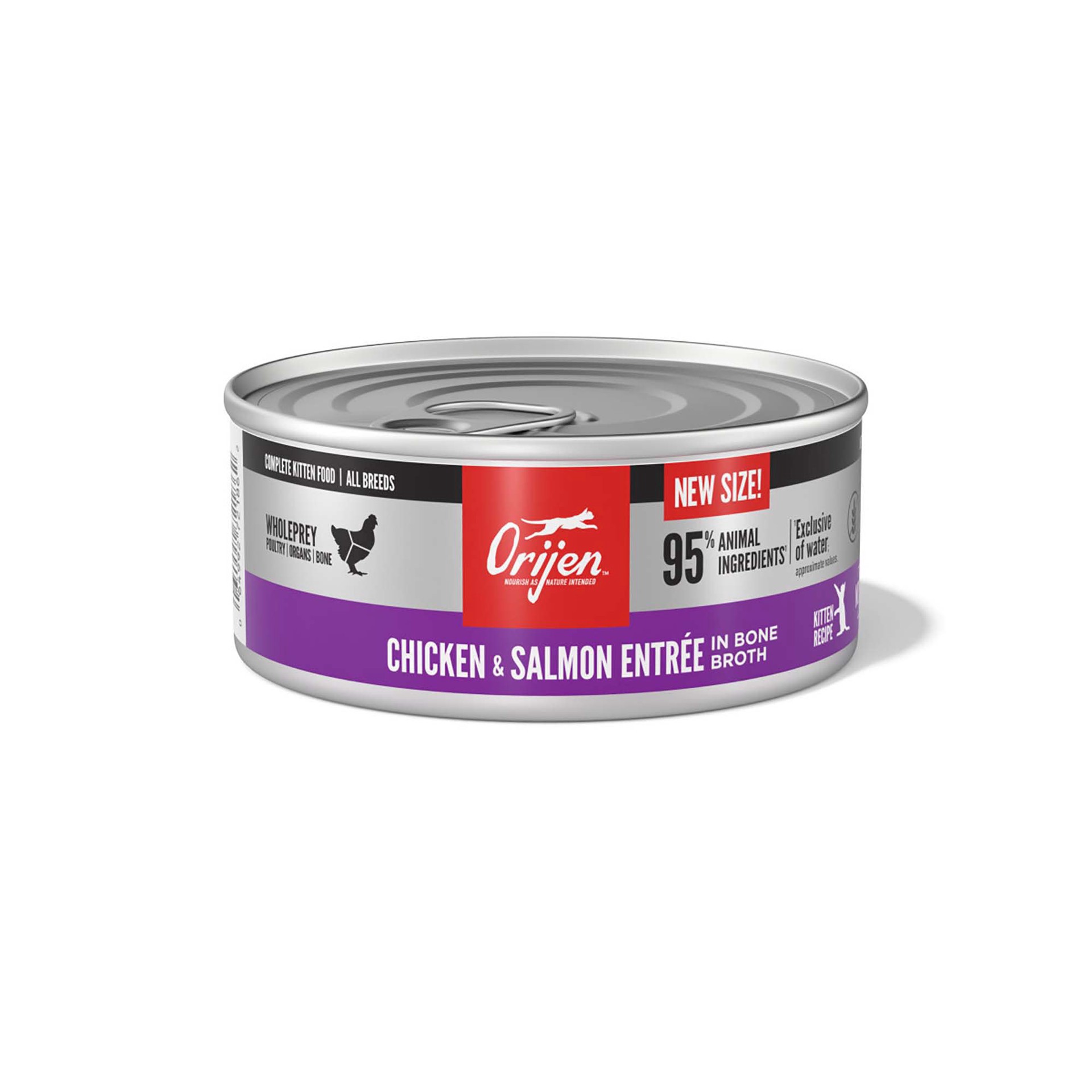 slide 1 of 1, ORIJEN Chicken + Salmon Entrée in Bone Broth - Kitten Recipe, 5.5oz, case of 6 cans, 5.5 oz
