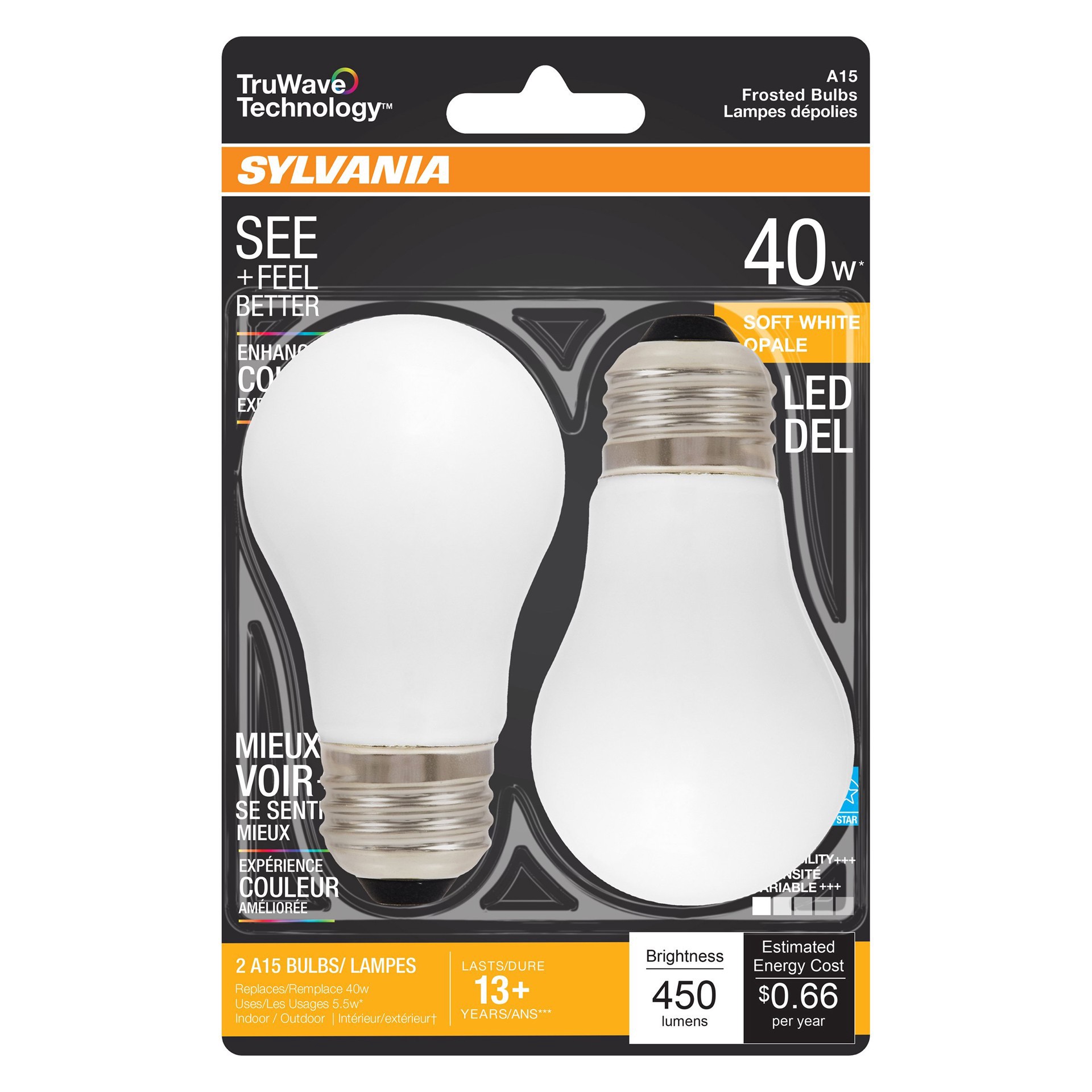 slide 1 of 1, Sylvania TruWave 40-Watt A15 Frosted Soft White LED Light Bulbs, 2 ct