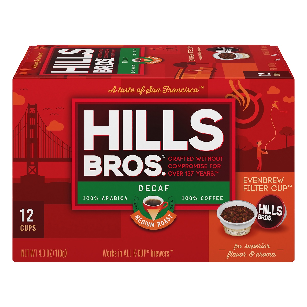 slide 1 of 1, Hills Bros. Decaf Medium Roast Coffee Kcup - 12 ct, 12 ct