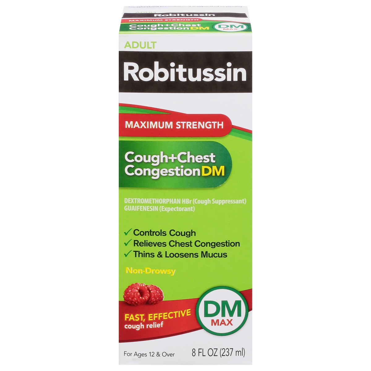slide 1 of 7, Robitussin Adult Maximum Strength Cough + Chest Congestion DM Max (8 fl. oz. Bottle), Non-Drowsy Cough Suppressant & Expectorant, Raspberry Flavor, 8 fl oz