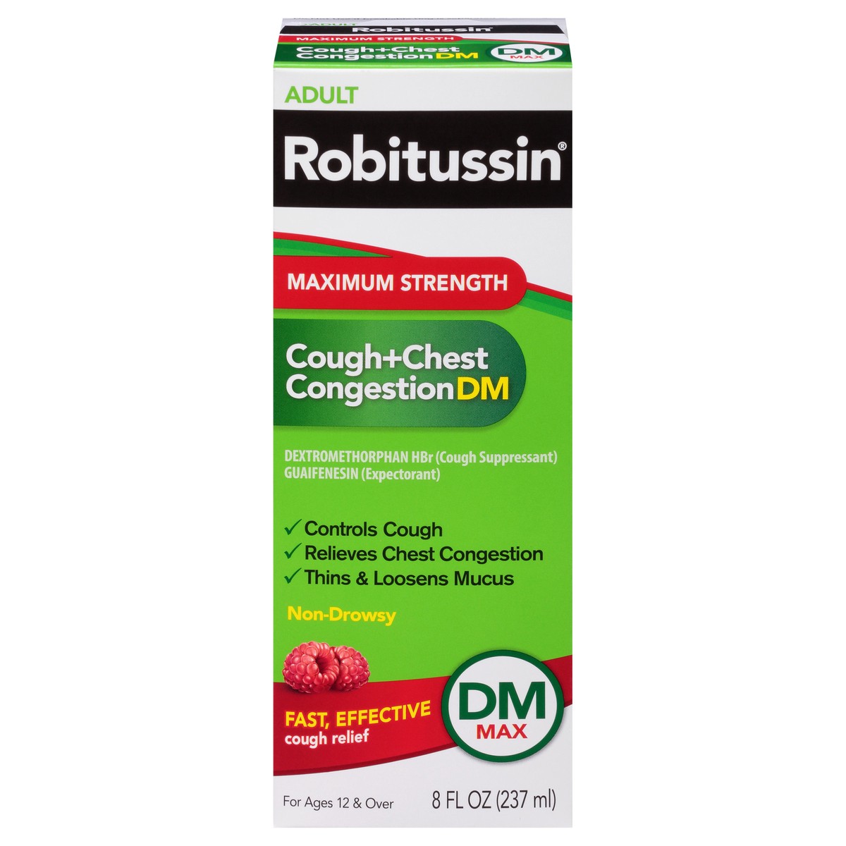 slide 1 of 13, Robitussin Adult Maximum Strength Cough + Chest Congestion DM Max (8 fl. oz. Bottle), Non-Drowsy Cough Suppressant & Expectorant, Raspberry Flavor, 8 oz