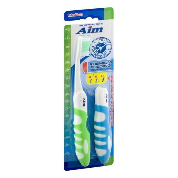 slide 1 of 1, Aim Premium Folding Travel Toothbrush Medium, 1 ct