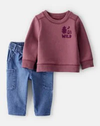 Carter's Baby Boy 2-Piece Camping Fleece Sweatshirt & Pant Set - Maroon/Blue - 18 Months
