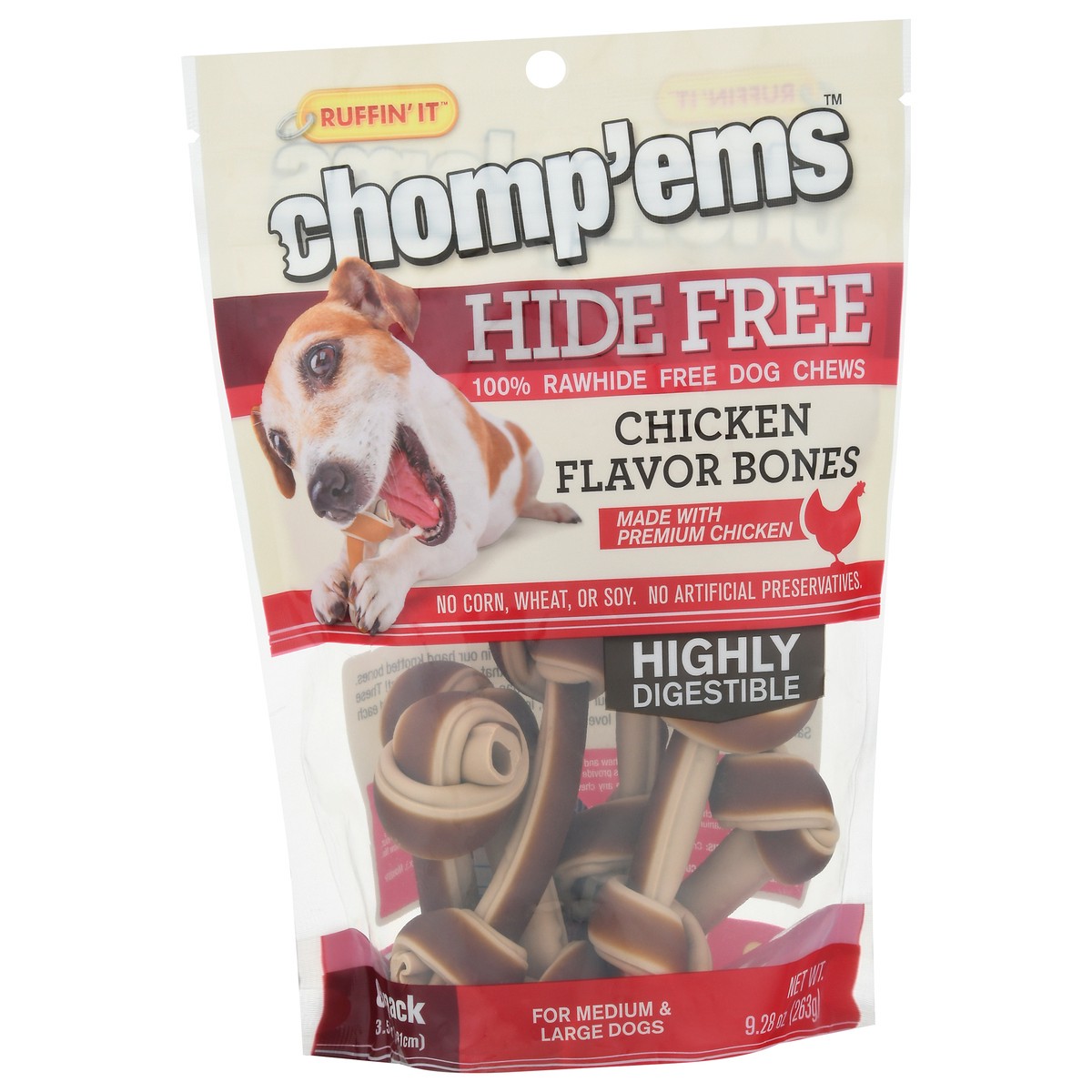 slide 3 of 9, Ruffin' It Chomp'ems Hide Free Chicken Flavor Bones Dog Chews 6 Pack, 6 ct